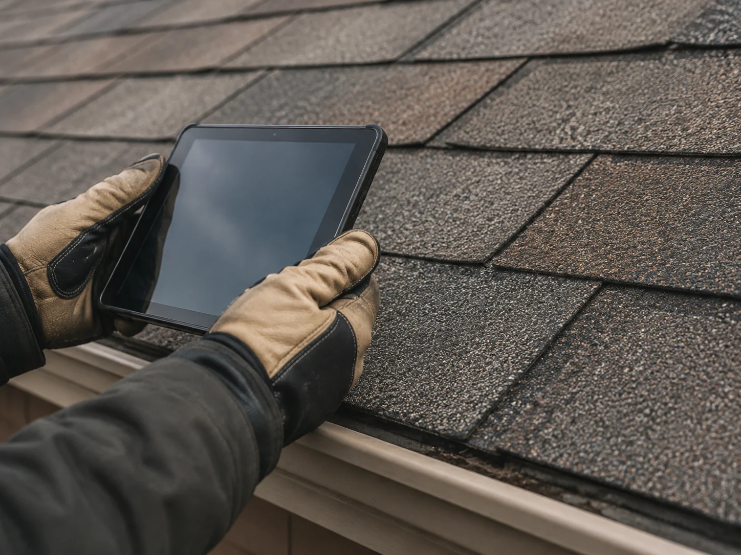 Gloved hands documenting roof materials with a tablet